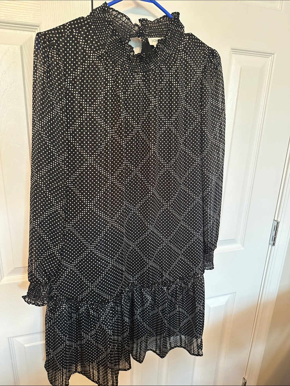 J. Crew Black and White Polka Dot Long-Sleeve Ruffle Dress